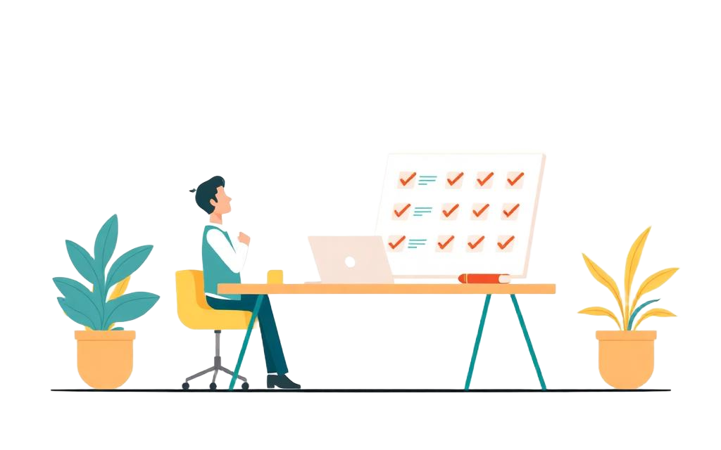 Illustration d'un formateur organisé avec checklist et outils digitaux